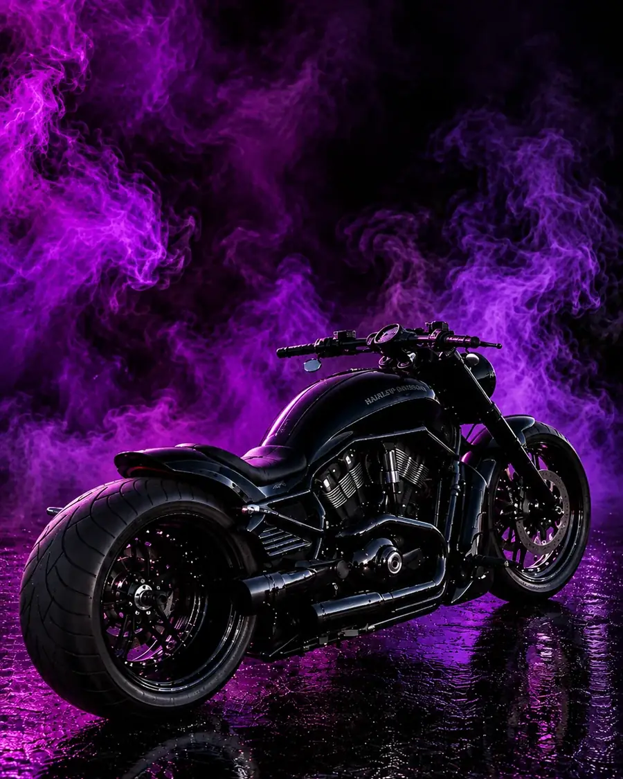Schwarzes Custom-Motorrad in buntem Rauch in Pink und Blau