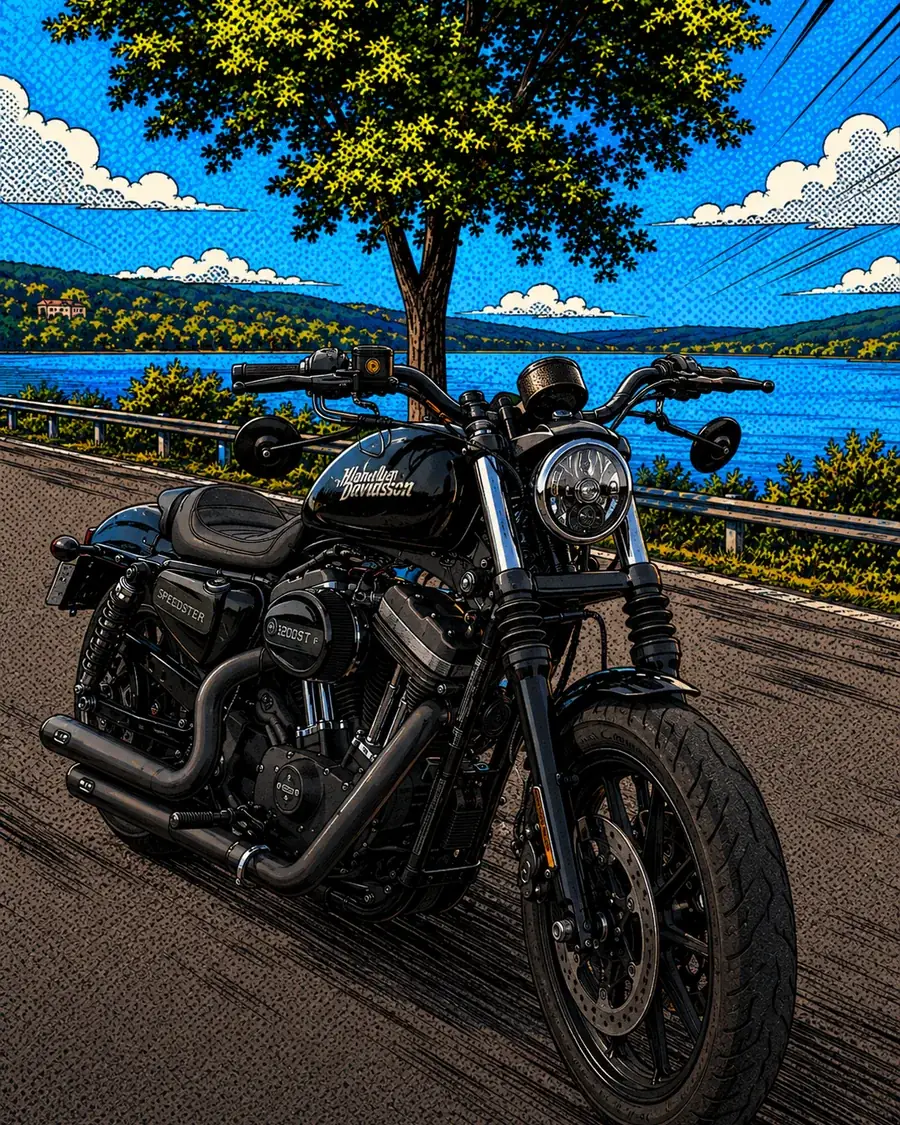 Schwarzes Motorrad im Comic-Stil an einem See