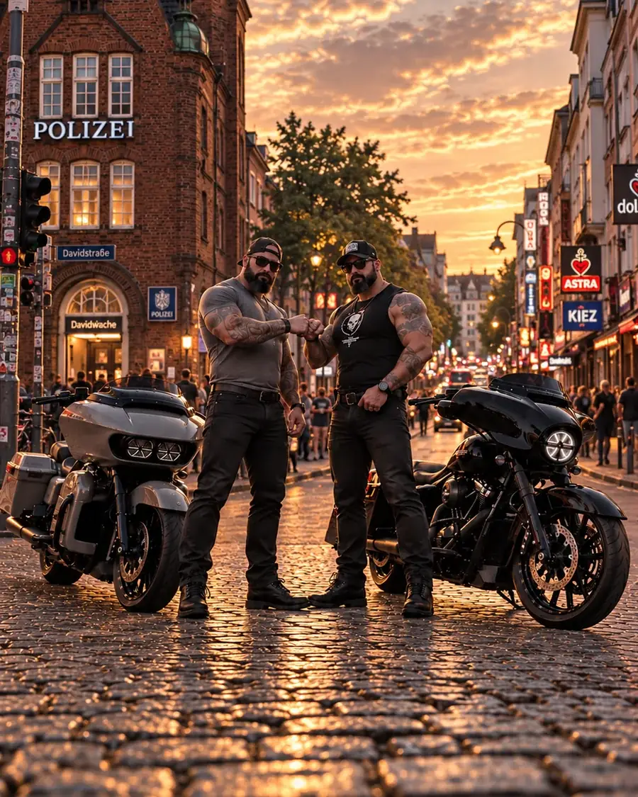 Motorrad im warmen Gegenlicht der tiefstehenden Abendsonne an der Elbe, glänzender Lack, Hafenkulisse im Hintergrund
